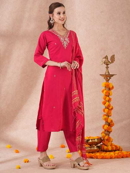 Solid Floral Hand Embroidered Straight Fit Kurta with Pant & Dupatta - Pink