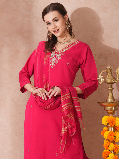 Solid Floral Hand Embroidered Straight Fit Kurta with Pant & Dupatta - Pink