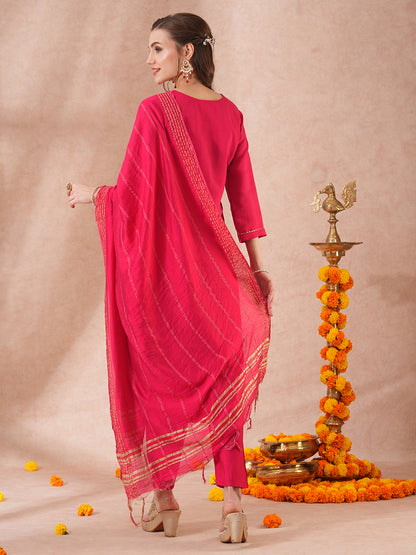 Solid Floral Hand Embroidered Straight Fit Kurta with Pant & Dupatta - Pink