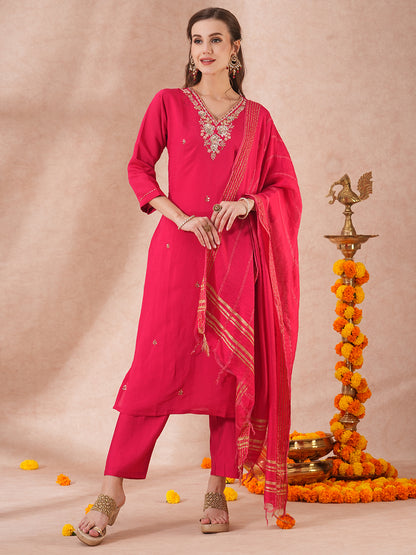 Solid Floral Hand Embroidered Straight Fit Kurta with Pant & Dupatta - Pink