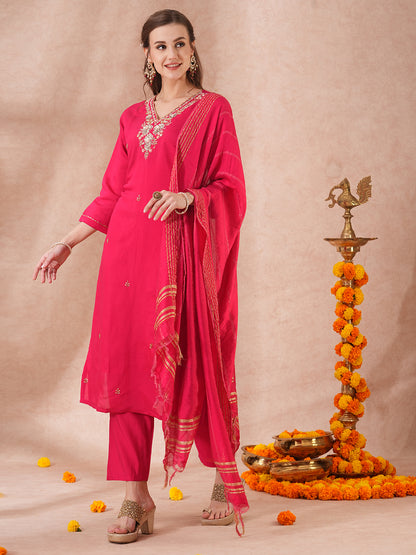 Solid Floral Hand Embroidered Straight Fit Kurta with Pant & Dupatta - Pink