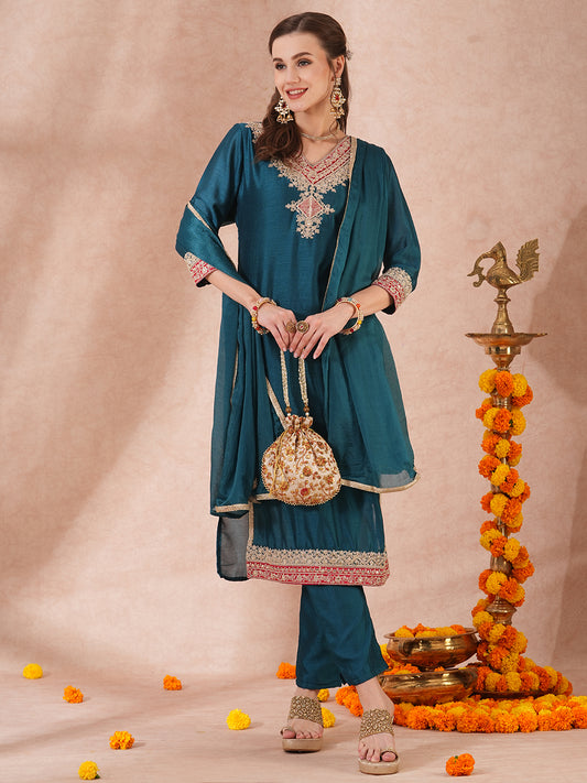 Solid Ethnic Embroidered Straight Fit Kurta with Pant & Dupatta - Teal Blue