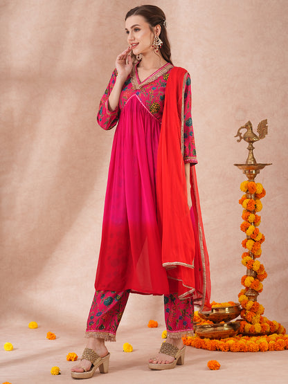 Floral Printed & Ombre Dyed A-Line Pleated Kurta with Palazzo and Dupatta - Red