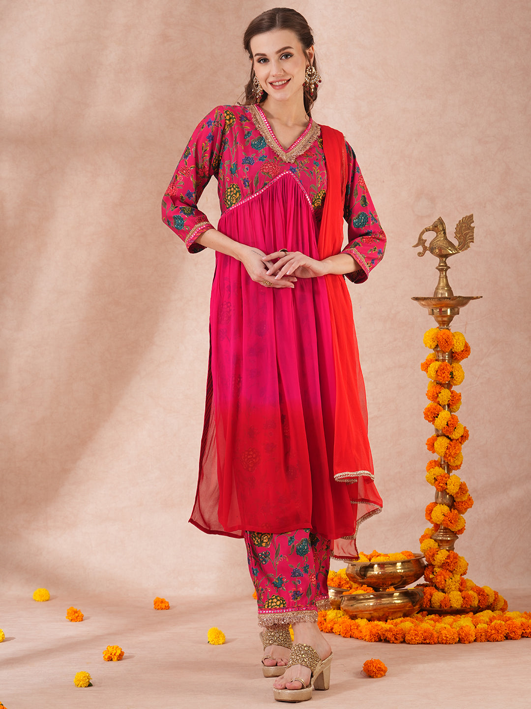 Floral Printed & Ombre Dyed A-Line Pleated Kurta with Palazzo and Dupatta - Red