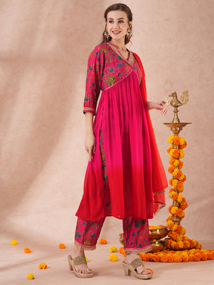 Floral Printed & Ombre Dyed A-Line Pleated Kurta with Palazzo and Dupatta - Red