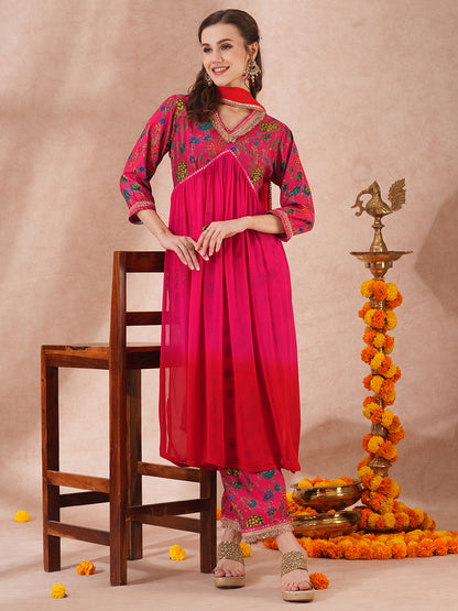 Floral Printed & Ombre Dyed A-Line Pleated Kurta with Palazzo and Dupatta - Red