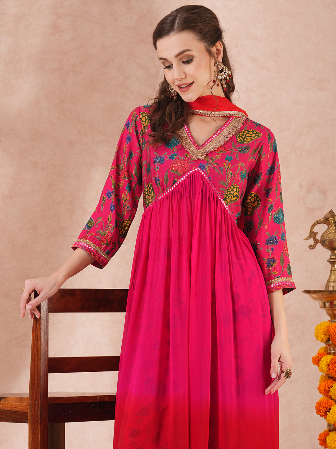 Floral Printed & Ombre Dyed A-Line Pleated Kurta with Palazzo and Dupatta - Red