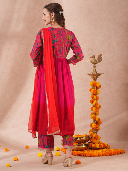 Floral Printed & Ombre Dyed A-Line Pleated Kurta with Palazzo and Dupatta - Red