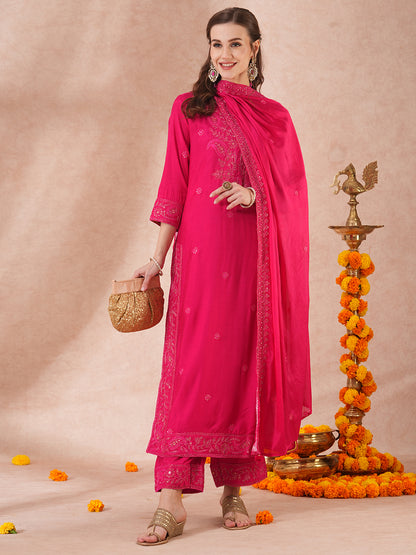 Ethnic Sequin Embroidered Straight Fit Kurta with Palazzo & Dupatta - Pink