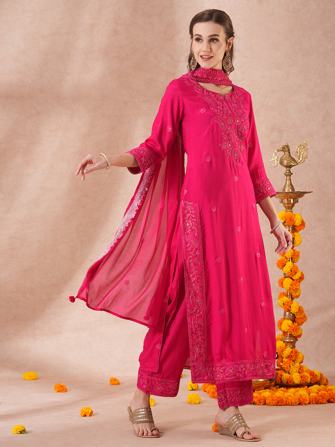 Ethnic Sequin Embroidered Straight Fit Kurta with Palazzo & Dupatta - Pink