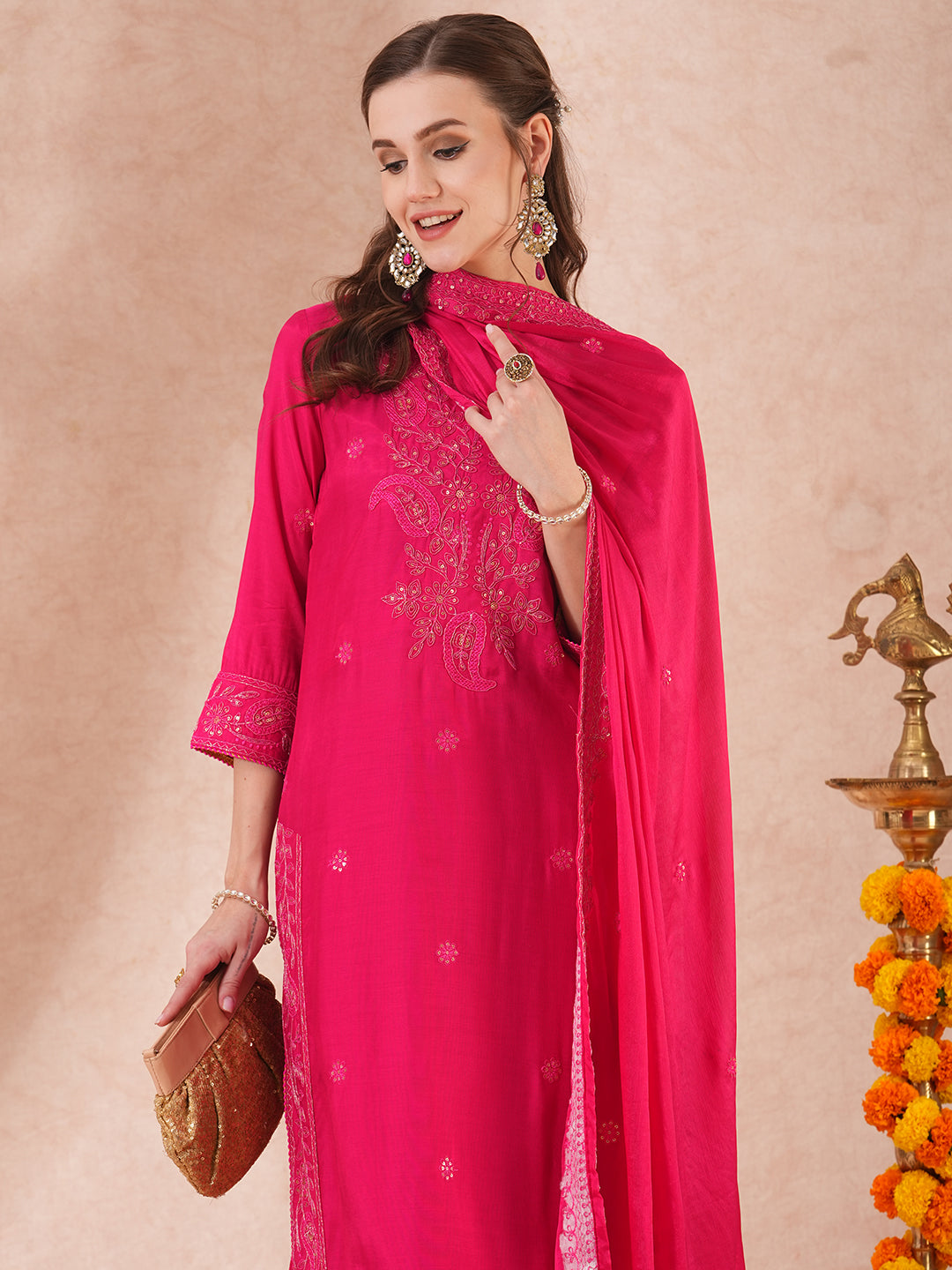 Ethnic Sequin Embroidered Straight Fit Kurta with Palazzo & Dupatta - Pink