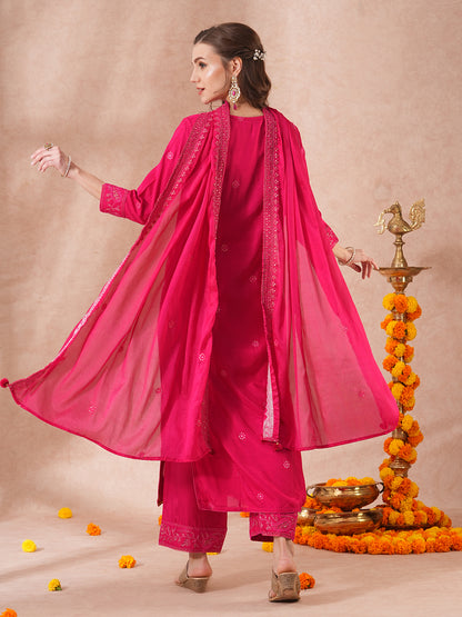 Ethnic Sequin Embroidered Straight Fit Kurta with Palazzo & Dupatta - Pink