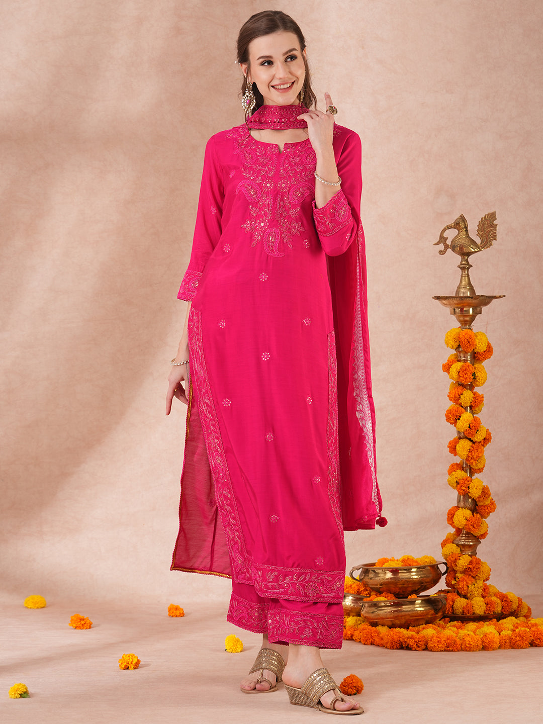 Ethnic Sequin Embroidered Straight Fit Kurta with Palazzo & Dupatta - Pink