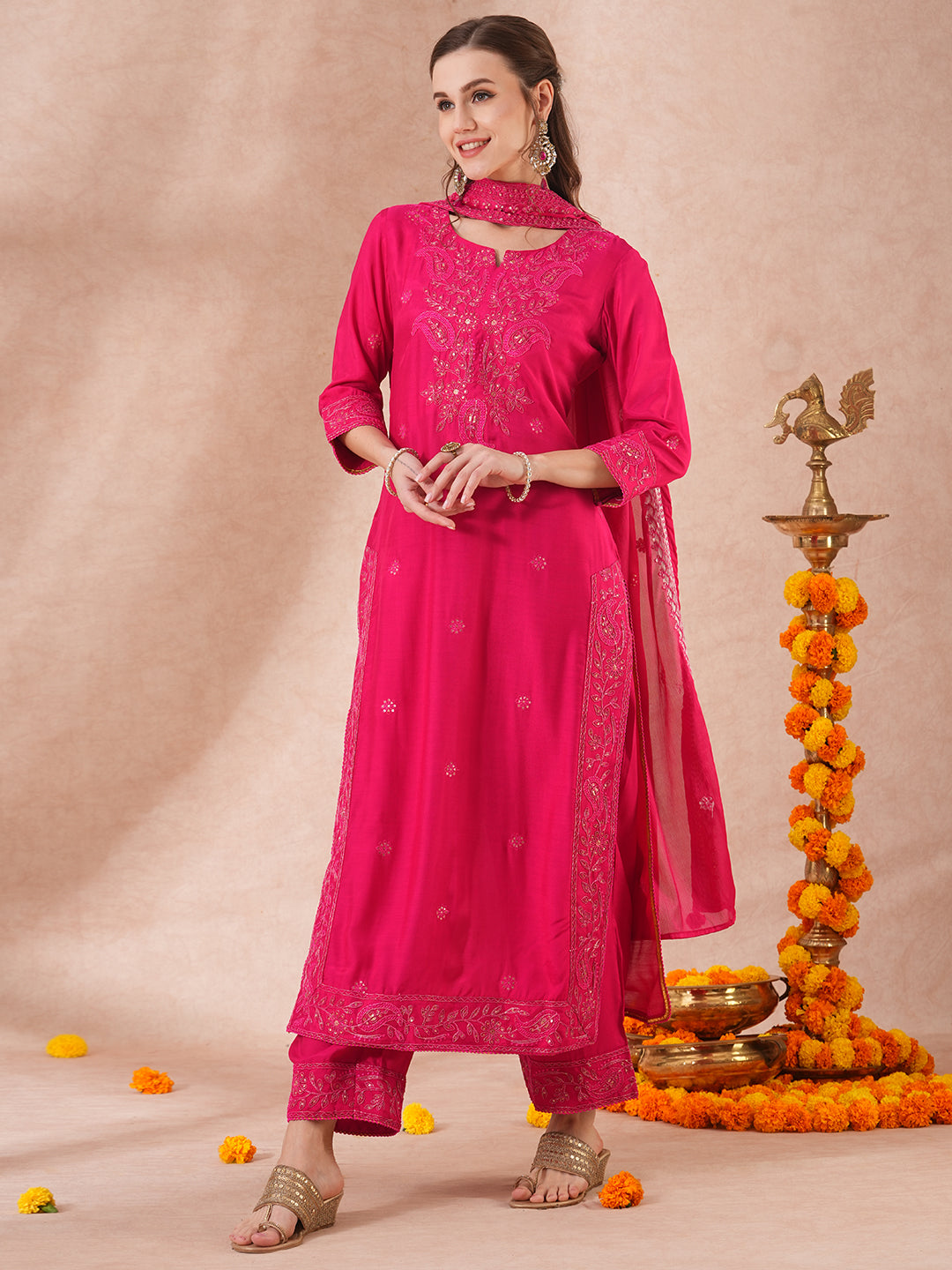 Ethnic Sequin Embroidered Straight Fit Kurta with Palazzo & Dupatta - Pink