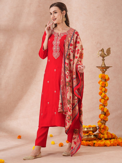 Solid Ethnic Floral Embroidered Straight Fit Kurta with Pant & Dupatta - Red