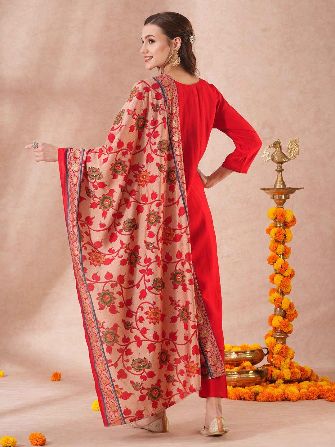 Solid Ethnic Floral Embroidered Straight Fit Kurta with Pant & Dupatta - Red