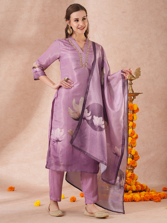 Floral Printed & Embroidered Straight Fit Kurta with Pant & Dupatta - Lavender