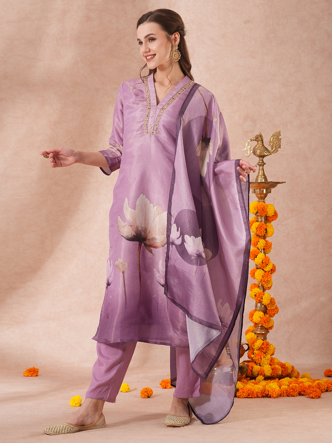 Floral Printed & Embroidered Straight Fit Kurta with Pant & Dupatta - Lavender