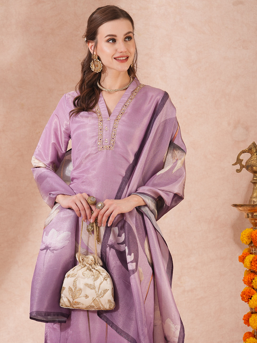 Floral Printed & Embroidered Straight Fit Kurta with Pant & Dupatta - Lavender