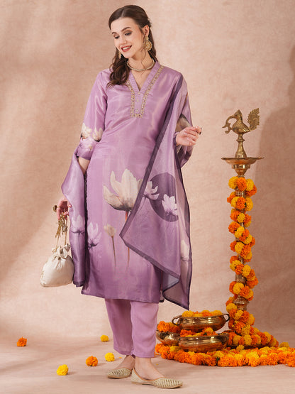 Floral Printed & Embroidered Straight Fit Kurta with Pant & Dupatta - Lavender