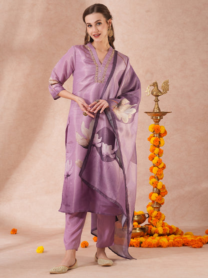 Floral Printed & Embroidered Straight Fit Kurta with Pant & Dupatta - Lavender