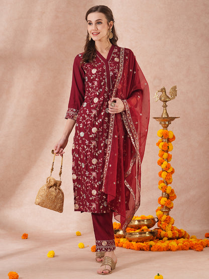 Solid Floral Sequin Embroidered Straight Fit Kurta with Pant & Dupatta - Maroon