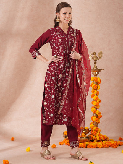 Solid Floral Sequin Embroidered Straight Fit Kurta with Pant & Dupatta - Maroon