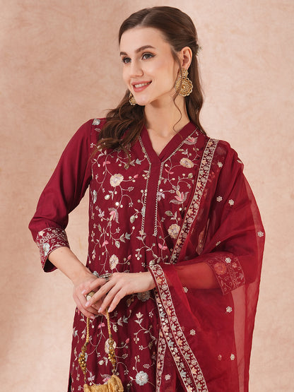 Solid Floral Sequin Embroidered Straight Fit Kurta with Pant & Dupatta - Maroon