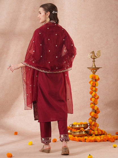 Solid Floral Sequin Embroidered Straight Fit Kurta with Pant & Dupatta - Maroon