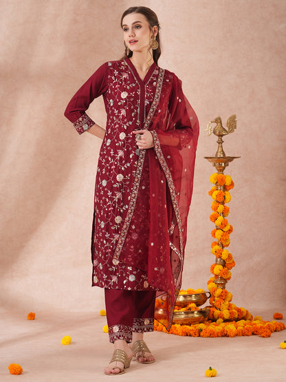 Solid Floral Sequin Embroidered Straight Fit Kurta with Pant & Dupatta - Maroon