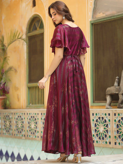 Floral Printed Flared Maxi Dress with Mirror & Stones Embroidered Waist Belt - Dark Mauve