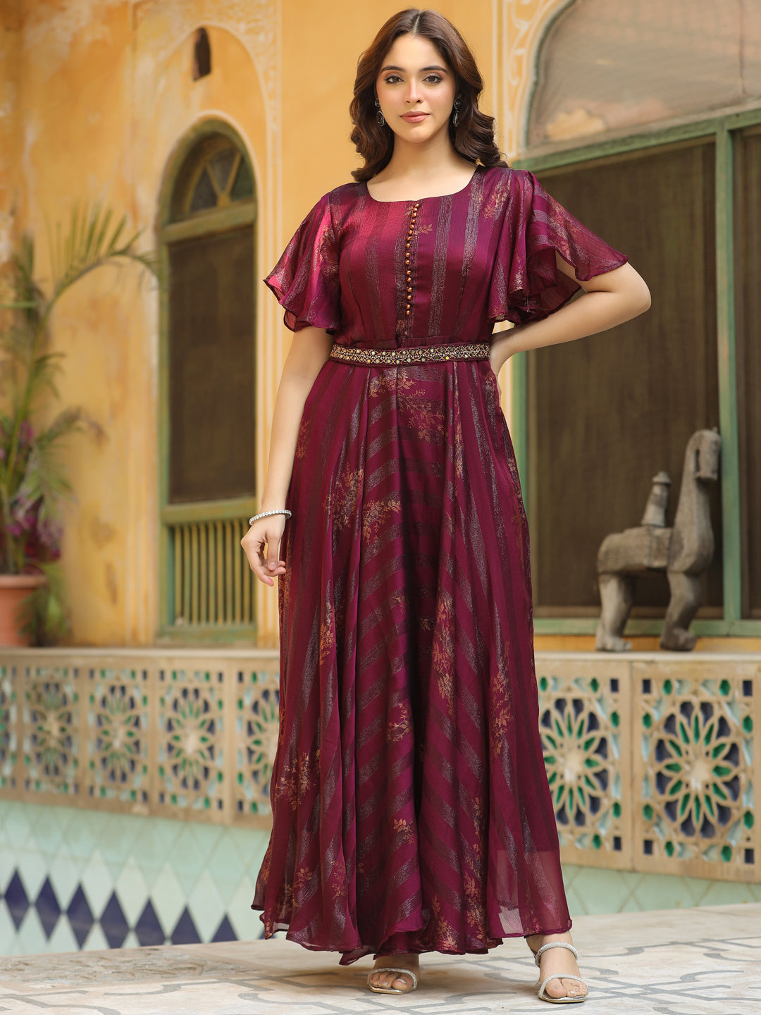 Floral Printed Flared Maxi Dress with Mirror & Stones Embroidered Waist Belt - Dark Mauve