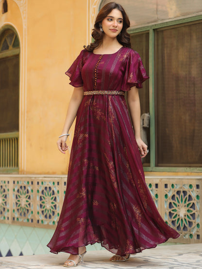 Floral Printed Flared Maxi Dress with Mirror & Stones Embroidered Waist Belt - Dark Mauve