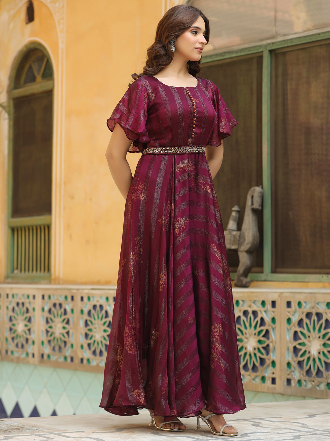 Floral Printed Flared Maxi Dress with Mirror & Stones Embroidered Waist Belt - Dark Mauve