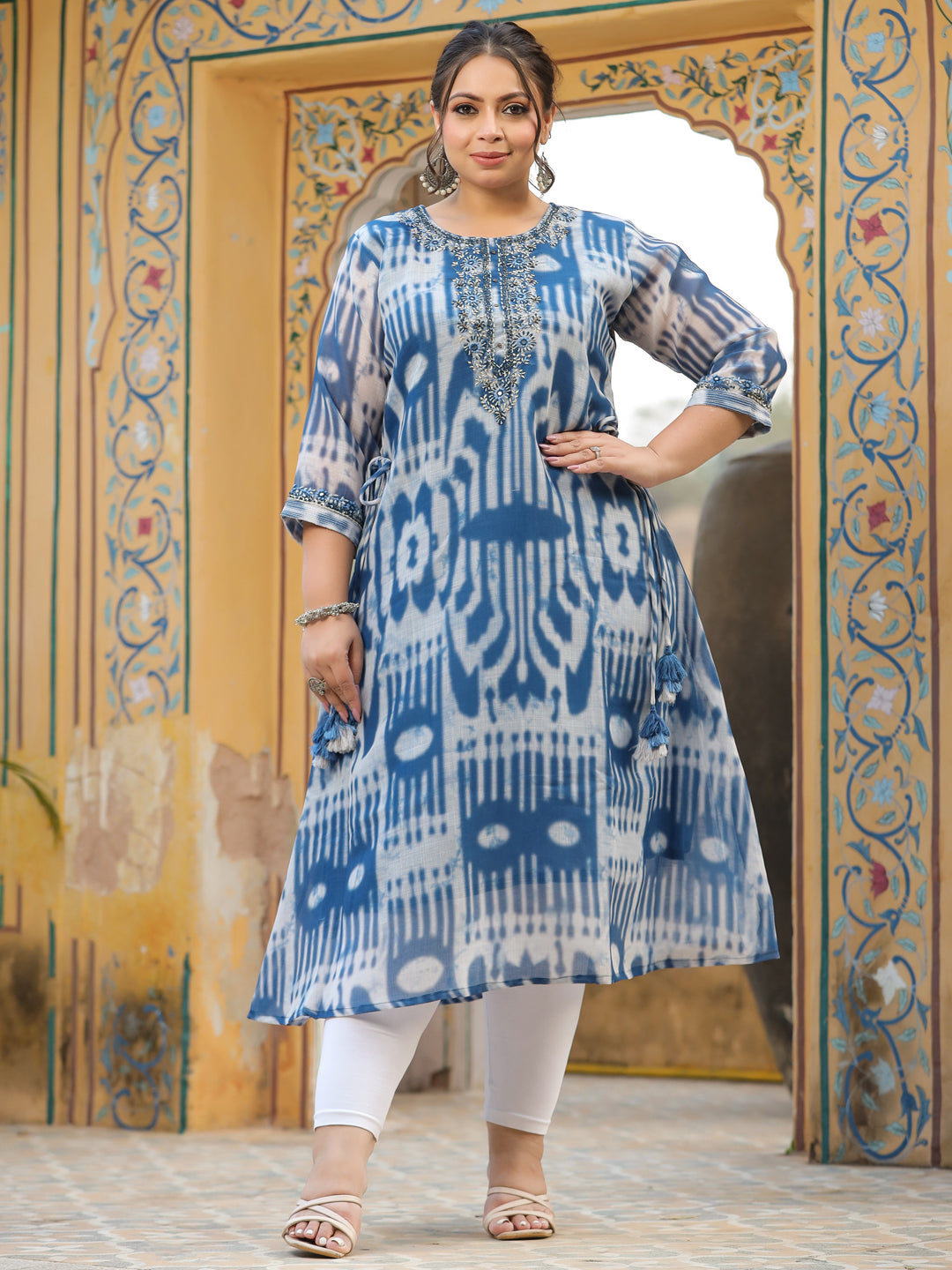 Ethnic Printed & Floral Hand Embroidered A-Line High - Low Kurta - Blue