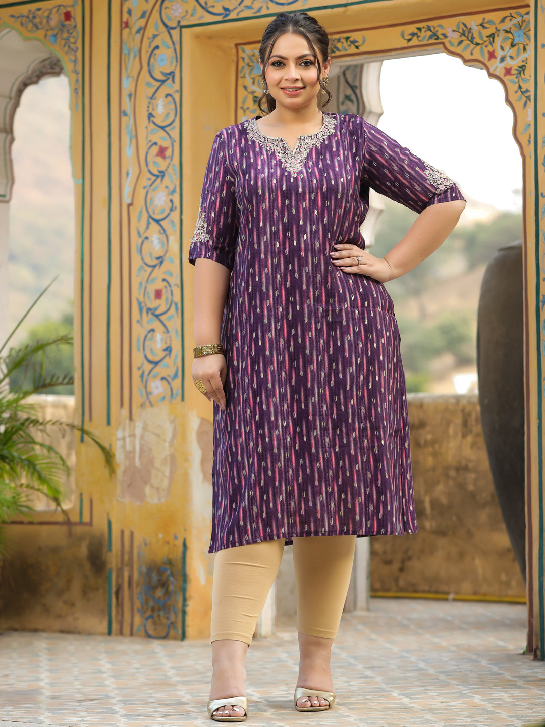 Abstract Foil Printed Zari & Resham Embroidered Kurta - Dark Mauve