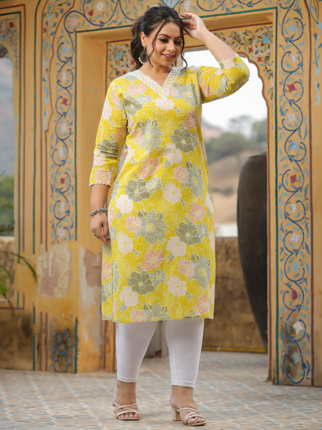 Floral Printed Mirror & Resham Embroidered Kurta - Yellow