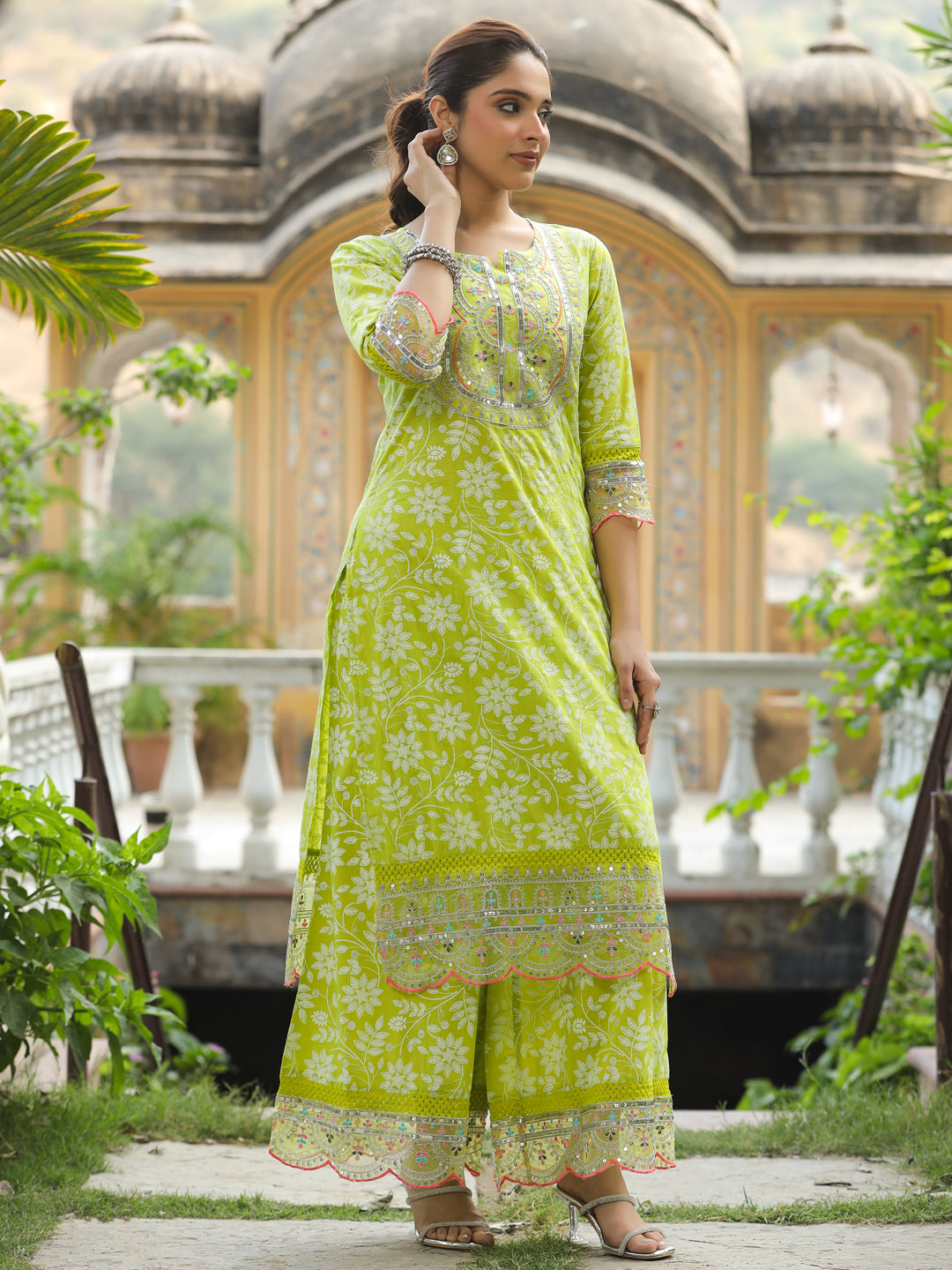 Floral Khari Printed & Sequin Zari Embroidered Straight Kurta with Palazzo - Lime Green