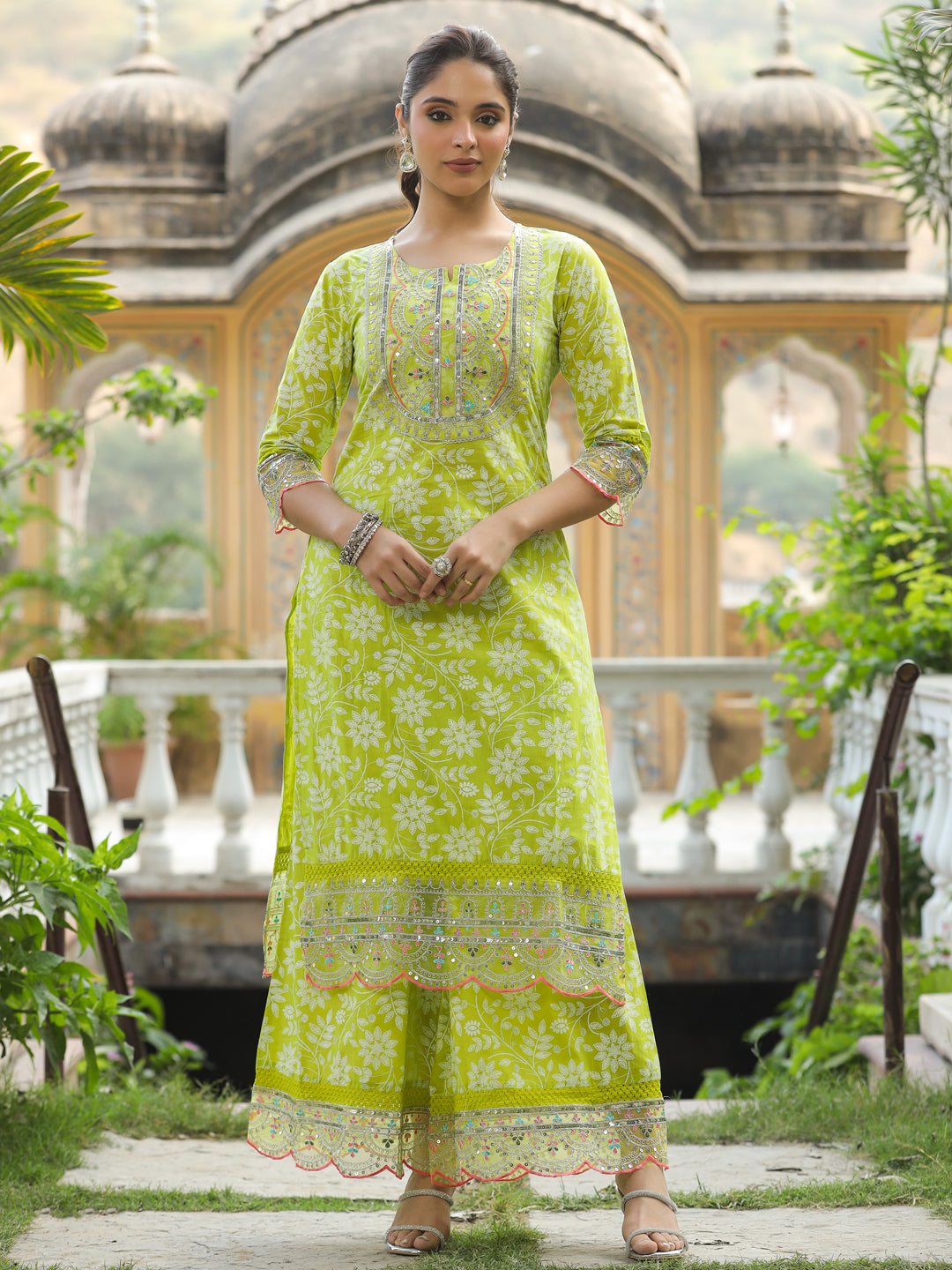 Floral Khari Printed & Sequin Zari Embroidered Straight Kurta with Palazzo - Lime Green