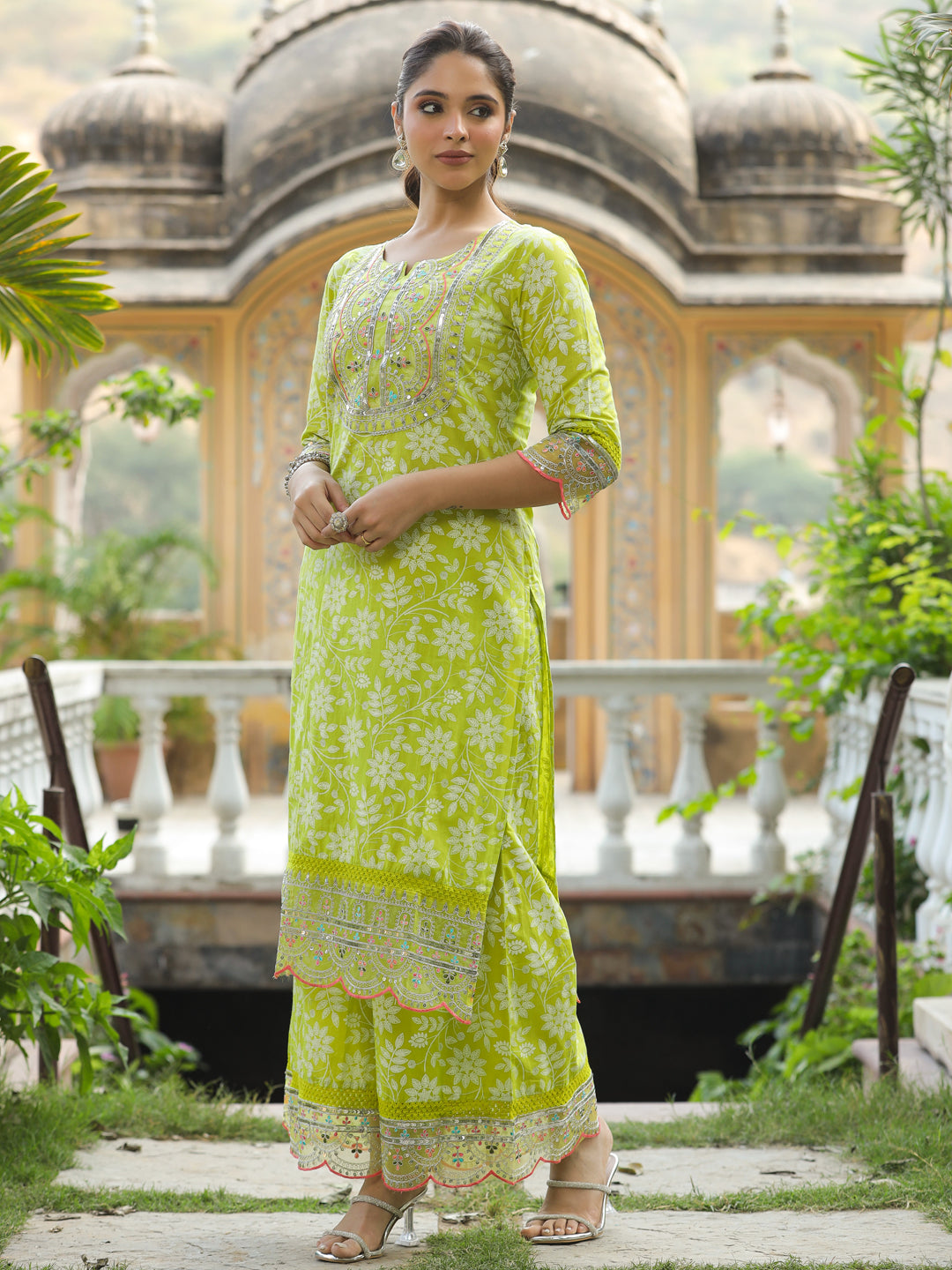 Floral Khari Printed & Sequin Zari Embroidered Straight Kurta with Palazzo - Lime Green