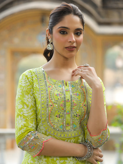 Floral Khari Printed & Sequin Zari Embroidered Straight Kurta with Palazzo - Lime Green