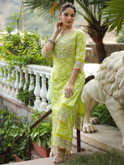 Floral Khari Printed & Sequin Zari Embroidered Straight Kurta with Palazzo - Lime Green