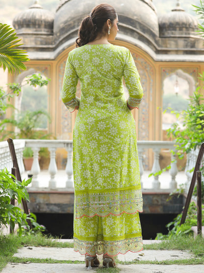 Floral Khari Printed & Sequin Zari Embroidered Straight Kurta with Palazzo - Lime Green