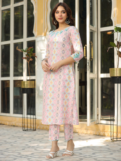 Ethnic Printed & Embroidered Straight Fit Co-ord Set- Multi