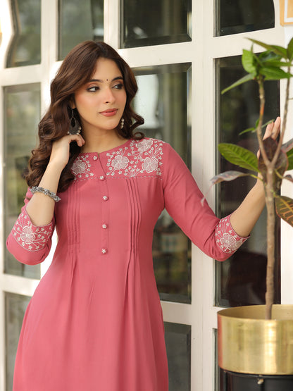 Solid Floral Embroidered Straight Fit Kurta with Pant - Pink