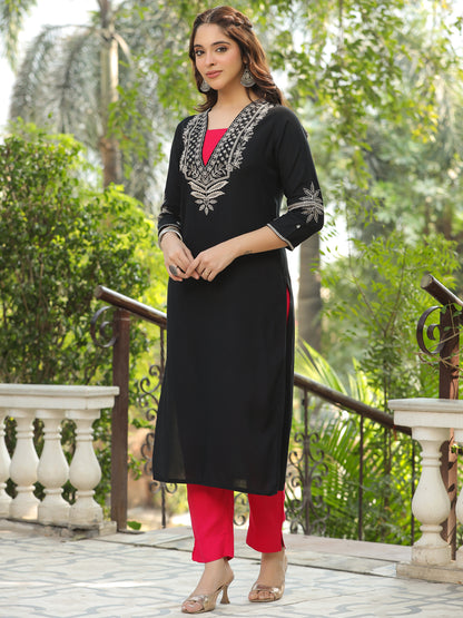 Solid Floral Embroidered Straight Fit Kurta with Pant - Black