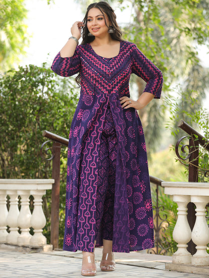 Batik & Block Printed Mirror Embroidered Front Slit Kurta With Pants - Violet