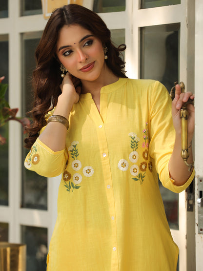 Solid Floral Hand Embroidered Straight Fit Co-ord Set - Yellow