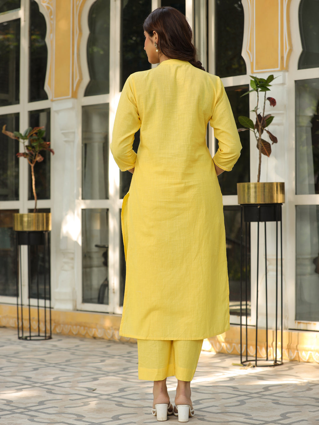 Solid Floral Hand Embroidered Straight Fit Co-ord Set - Yellow