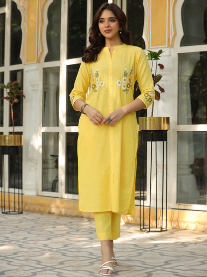 Solid Floral Hand Embroidered Straight Fit Co-ord Set - Yellow